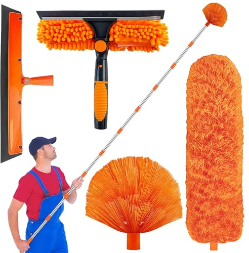 GAESHOW Kit limpiacristales telescópico, longitud retráctil de hasta 4 m, 2 en 1, quita telarañas extensible, con cepillo de microfibra y plumero para limpiar el polvo, para techos, ventanas y
