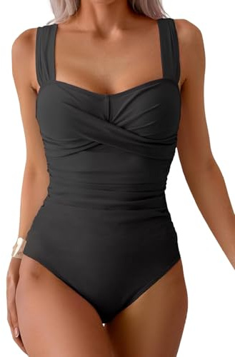 Yutdeng Bañador Mujer Reductor Barriga Traje de Baño Una Pieza Bañador Push Up con Relleno Vientre Plano Tirantes Anchas Crossover Natacion Bañadores Mujer Tallas Grandes Ropa de Baño,Negro,L