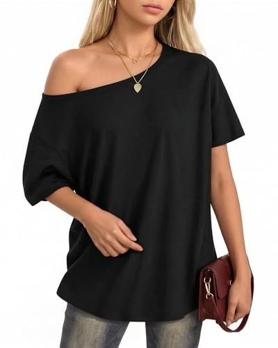 ALGALAROUND Women Off The Shoulder Oversized Short Sleeve Top | Oversize Tops UK Going Out Sexy Ladies T-Shirt Casual Loose Fit Travel Vacation 2026