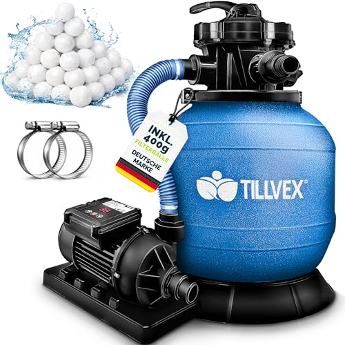 tillvex Depuradora de Agua para Piscina con temporizador 7.900L/h + 400g Bolas de Filtro | 7 Funciones de Filtrado & Adaptador Ø32-38mm | Filtro de piscina con indicador de presión (Azul)