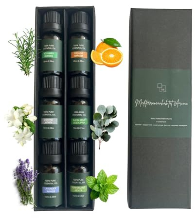 Aceites esenciales para difusor 100% puros, kit 6 x 10 ml – lavanda, eucalipto, romero, jazmín, menta y naranja – set 6 aceites esenciales Aromaterapia para Piedras Volcánicas y Difusores