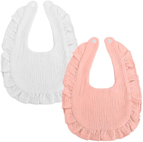Dregglisar i Muslin för Baby, Mjuka och Absorberande Haklappar för Nyfödda och Småbarn 0–24 Månader, 2-pack (Vit+Rosa)