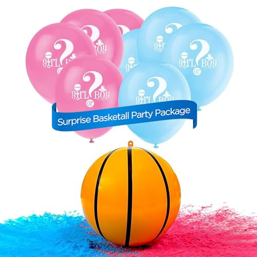 Gender Reveal Surprise Basketball Shell Kit with Colorful Pink & Blue Powder Packs - Pink & Blue Smoke Bomb for Gender Reveal Party with 8 Balloons - Ideal for Basketball-Themed Gender Reveal Parties