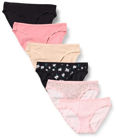 Amazon Essentials Slip Bikini in Cotone (Disponibile in Taglie Forti) Donna, Pacco da 6, Floreale/Mini Righe/Motivo Floreale Piccolo/Multicolore, 44