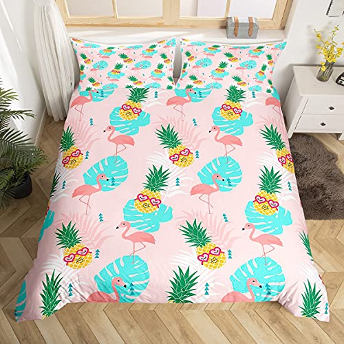 Homemissing gyllene ananas bäddset för barn, flickor, pojkar, rosa flamingos täcke, tropiska djur, palmblad, påslakan, sommar, naturliga sängkläder och linne, king size