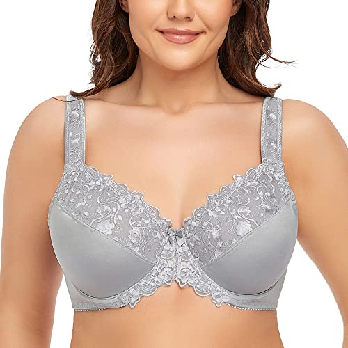 Ayigedu Women's Underwire Bra Non-Padded Floral Lace Plus Size Full Coverage Minimizer 36-GG Grey