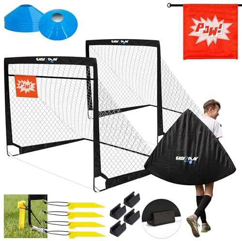 EASY2PLAY-Utomhus fotbollsmål set om 2 stycken popup målare 3 sekunder konstruktion vikbar fotbollsmål vardera 120 x 90 cm stänger av glasfiber för barn och vuxna, trädgård, park och asfalt, 3 års