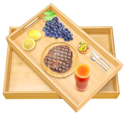Cinnani 2pcs Plateaux de Service en Bambou, Plateau Bois, Plateau Service Rectangulaire avec Poignées, Plateau Petit-déjeuner Plateau Service pour Vaisselle, Boissons, Réception de Fête - L