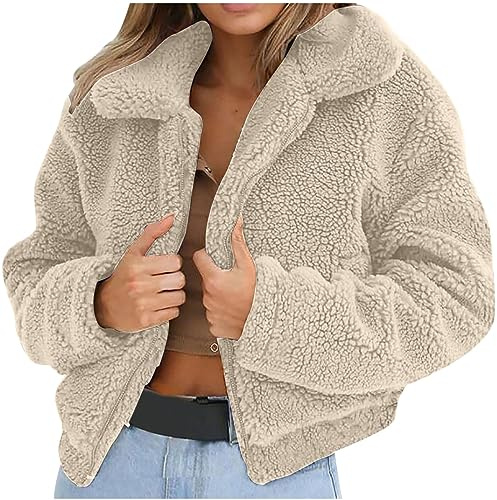 Women's Faux Fur Sherpa Jacket Zip Up Fuzzy Fluffy Coat Cropped Jacket Winter Lapel Fleece Outwear Pockets Dressy Fall Outfits Short Coats Y2K Teddy Shaggy Overcoat Ladies Sexy Plush Soft Outwear