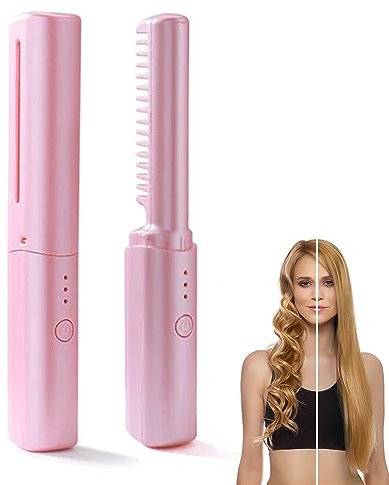 Mini Piastra Capelli Ricaricabile, Spazzola Lisciante Senza Fili, Portatile con Ioni Negativi, Pettine Riscaldante per Capelli da Viaggio Uomo e Donna (Rosa)
