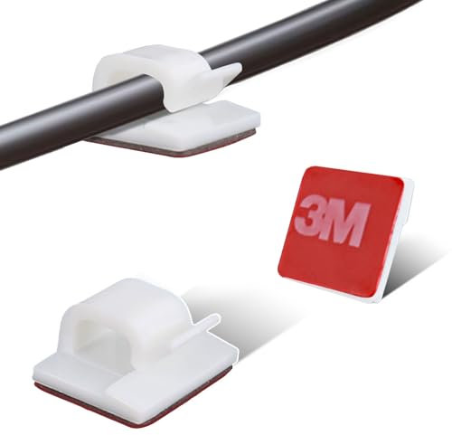 YYTECH Lot de 100 Supports Autocollants - Blanc - 3 m - Clips et Organisateur de Câbles - Crochets pour Gestion et Fixation - Guirlande Lumineuse