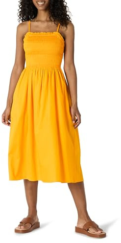 Amazon Essentials Abito con Corpetto Ricamato a Punto Smock in Raso di Cotone, vestibilità Classica Donna, Giallo Drato, M