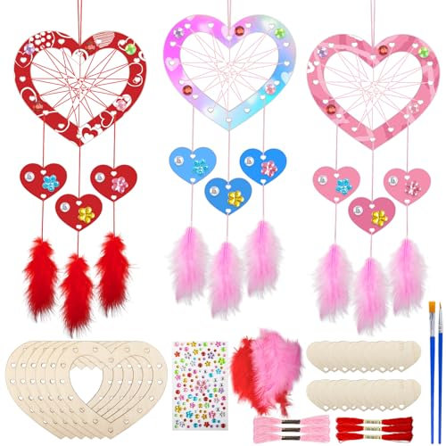 Dmnnlp 6 Stück Herz Traumfänger Basteln, Holz Traumfänger Bastelset,Valentinstag Kreativsets zum Bemalen, DIY Valentinstag Hochzeit Geburtstag Party Weihnachten Zubehör