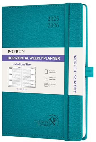 POPRUN Kalender 2025 2026 Horizontale Wochenplaner (Aug.2025-Dez.2026) – ca.A5 Terminkalender mit PU-Leder, 17-Monats-Organizer,1 Woche 2 Seite, Stabilem Hardcover, Pazifikgrün