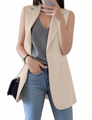 IDEALSANXUN Long Vest for Women Sleeveless Blazer 2026 Spring Jackets Lightweight Summer Suit Vest Tops Business Casual Outfits, Khaki, L