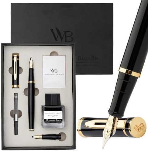 Wordsworth & Black Set di Penne Stilografiche, Pennino Medio e Extra Fine 18K Oro, Bottiglia Inchiostro Nero 25ML, 6 Cartucce, Convertitore, Confezione Regalo – [Nero Oro], Set per Uomini e Donne.