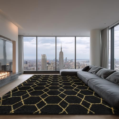 Fluffy Rug for Living Room, Soft Modern 8x10 Black and Gold Shag Area Rugs