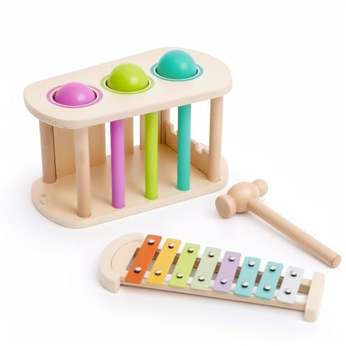 Montessori Spielzeug ab 1 Jahr, 2-in-1 Xylophon und Hammerspiel mit ausziehbarem Xylophon , Montessori-Musiklernspielzeug , Motorikspielzeug Geschenk für 1 2 3 Jahre Mädchen Junge