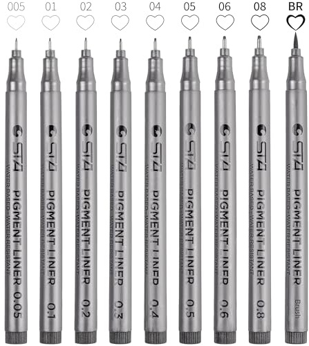 Foneso 9 Fineliner Stifte, Ensemble de Pigmentliners Résistants à l'Eau (8 tailles de traits + 1 pinceau) – Pour Croquis, Illustration Artistique, Dessin Technique et Documents de Bureau – Noir