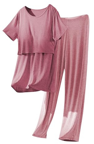 Conjunto de ropa de dormir de maternidad, camisas de dormir para lactancia materna con brasier y pantalones integrados, ropa de dormir casual y cómoda, pijama de manga corta y parte inferior de pijama
