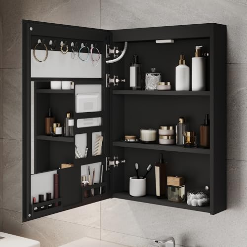 ELEGANT LED Bathroom Mirror Cabinet with Shaver Socket, Fully Assembled Wall Cabinet with Lights, 485x700mm Concealed Storage Mirror Cabinets with 3 Colors Dimmable and Demister Pad, Black