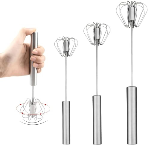 3 Pack Egg Whisk, Hand Push Whisk Blender, Stainless Steel Egg Beater, Milk Frother, Rotating Push Mixer Stirrer for Whisking, Beating, Stirring