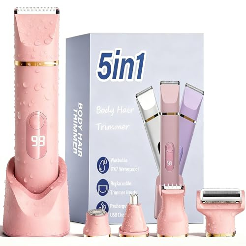 XkuiHF 5 en 1 Afeitadora eléctrica para mujer,Cortadora para mujer, maquinilla de afeitar para mujer, recortadora femenina íntima impermeable, para pelo corporal y cara, afeitadoras, cortapelos (Rosa)