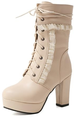 Eestfy Botas Mujer Lolita Plataforma Tacón Alto Volantes Cordones Tacón Grueso Cremallera Lateral Estilo Streetwear Punk Dulce para Otoño Invierno,Beige,45 EU