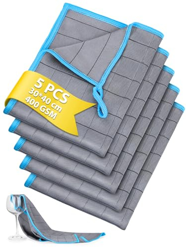 Euqvunn Bayetas Microfibra de Carbono, 5 Piezas, 30 x 40 cm, 400GSM, Sin Pelusa, Motivo en Rejilla para Suciedad y Grasa Tenaz, para el Hogar, Cocina, Coche y Limpieza de Cristales – Azul