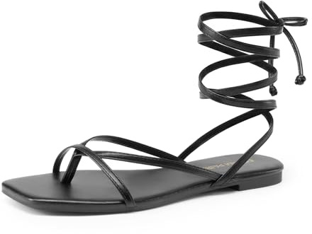 DREAM PAIRS Women's Strappy Flat Sandals - Comfortable Lace Up Gladiator Dressy Sandals, Square Toe Tie Up Walking Sandal, Summer Wrap Up Vocation Sandal Mermaid Shoes,Size 7.5,Black,SDFS26010W