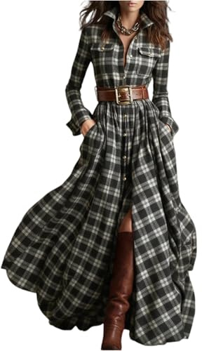 Tartan Dresses for Women UK Plaid Long Sleeve Shirt Dress Button Down Maxi Dress with Belt High Low Hem Midi A Line Casual Vintage Boho V Neck Tiered Vacation Dress M Black