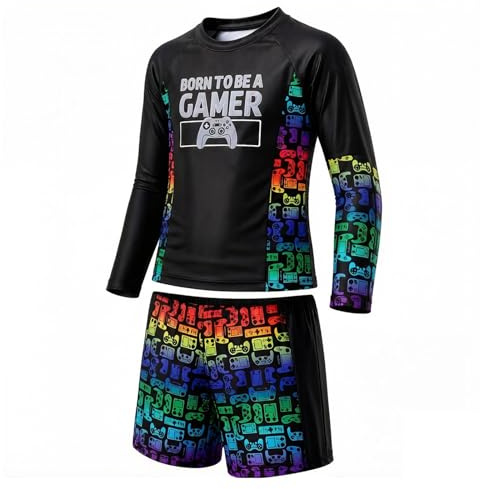 NWDEY Boys Gaming Swimming Costume 2 Piece Set, Long Sleeve UV Rash Guard & Swim Trunks, Kids Swimsuit for Boys 8-14 Years, UPF 50+ Sun Protection (Black, 8-9 Years)