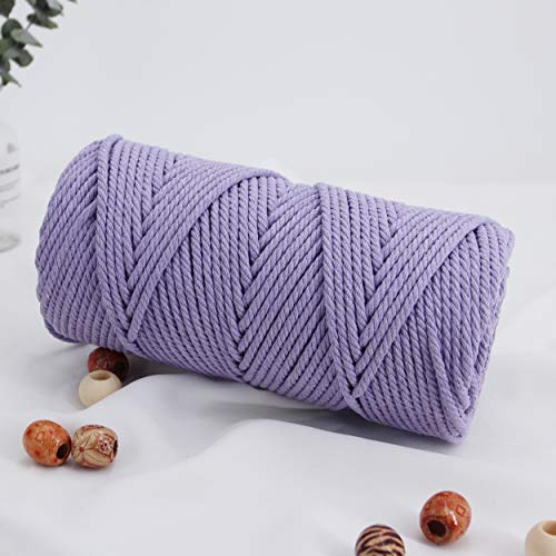 Macrame Cord 4mm 100m Light Purple,Natural Cotton Rope for Colorful Hand Knitting, 4 Strands Twist Yarn for Handmade Colored Wall Hanging Weaving Tapestry