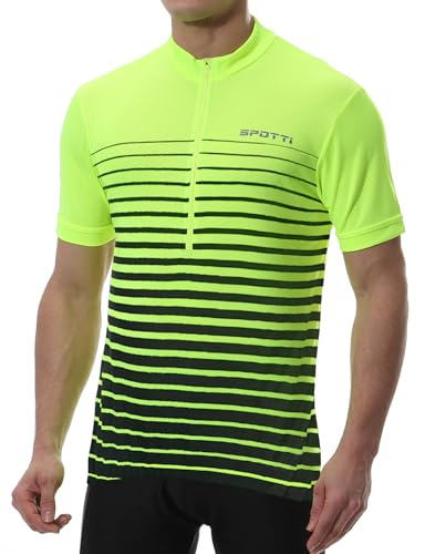 Spotti Men's Cycling Bike Jersey Short Sleeve with 3 Rear Pockets- Moisture Wicking, Breathable, Quick Dry Biking Shirt Green Stripe
