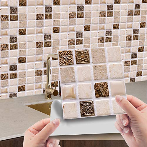 Hiseng Rettangolo Adesivi per Piastrelle da Cucina, Marmo 3D Mosaico Stampa Impermeabile Adesivo da Parete Formato Autoadesivo Decorativo per Bagno Decorazioni, 10x10cm (Marrone Mosaico,30Pezzi)