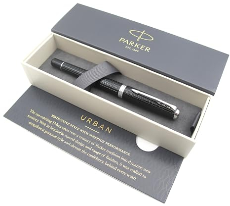Parker Urban Premium Metal Fountain Pen - Ebony Pearl Lacquer with Chiselled Pattern - Medium Nib - Black Ink - Gift Boxed