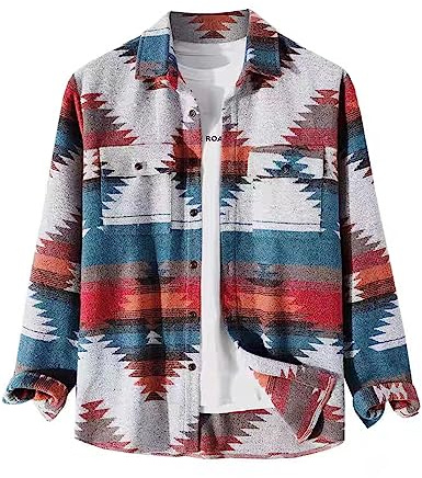 VIEWON Men's Casual Aztec Button Down Woolen Western Shacket Jacket Red L