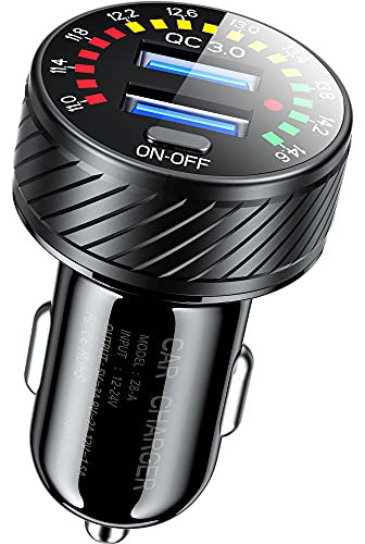 KEWIG Chargeur allume-cigare USB - Double port QC3.0 - Adaptateur USB rapide - 36 W/3 A - Compatible avec voltmètre coloré et interrupteur marche/arrêt - Noir