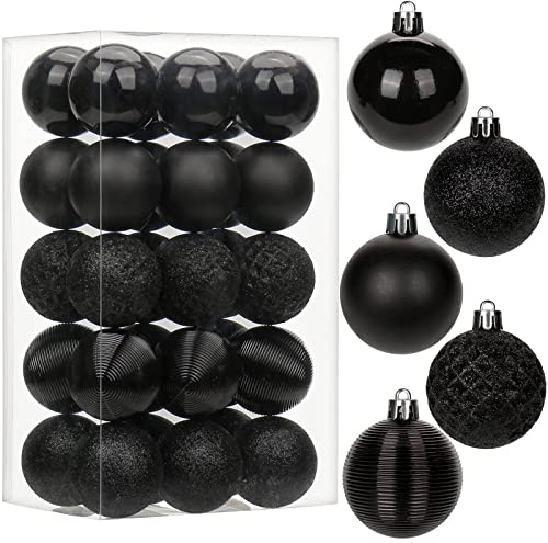 30 pcs Christmas Baubles Xmas Ball Ornaments with Strings, 50mm/2.0 Black Shatterproof Plastic Hanging Decorations, Christmas Tree Pendants for Home Party Wedding Holiday