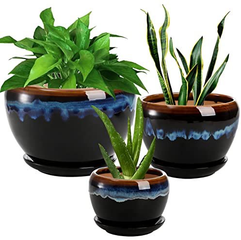 AVLA 3 Pack Ceramic Flower Pots, Gardening Drip Glazed Planter, Plant Pot with Drainage Hole and Saucer, 7/5/4 Inch Rustic Houseplant Container for Succulent Herbs Cactus Orchid, Home Indoor Outdoor