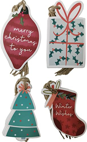 20 Luxury Gift Tags For Christmas – Festive Shapes with String – Tree, Bauble, Stocking & Present – Recyclable Card & Eco Packaging – Blank Back for Writing – Xmas Present Labels for Gift Wrapping