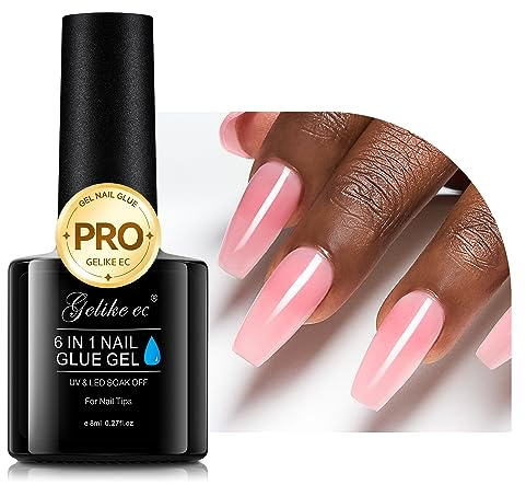 Gelike ec Gel Nail Polish - 6 in 1 Nail Glue Pink Nail Polish, Base Coat Soak Off UV LED Long Lasting Extension Gel Adhesive Glue for Press On Nail Tips French Home Salon, Sheer Blush Pink