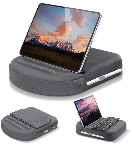 MoKo Tablet Pillow Stand, New Adjustable Viewing Angles Design, Tablet Pillow Holder for Lap/Bed/Desk, With Stylus Pen Holder, Compatible with iPad Pro 11/10.9/10.2 Up to 11, Phone, Book, Gray