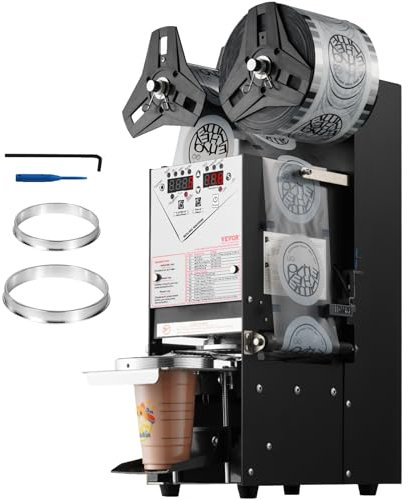 VEVOR Machine à sceller tasses entièrement automatique, 500-650 tasses/h, scelleuse électrique à thé Boba 180 mm haut 90/95 mm panneau LCD de commande numérique pour thé au lait à bulles, café, noir