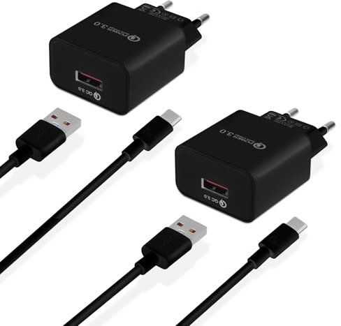 2-Pack Cargador USB Carga Rapida,18W QC 3.0 Enchufe USB Carregador USB con 2m Cable, Cargador Movil Carga Rapida USB Charger para Xiaomi Huawei, Samsung Galaxy A15 A14 A13 A53 S22 S21 S20 S10(Negro)