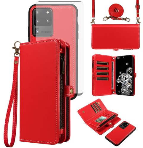 Asuwish Phone Case for Samsung Galaxy S20 Ultra 5G Zipper Wallet Detachable Cover with Screen Protector Crossbody Lanyard Strap Flip Card Holder Slot S20ultra 20S S 20 A20 S2O 20ultra G5 Red