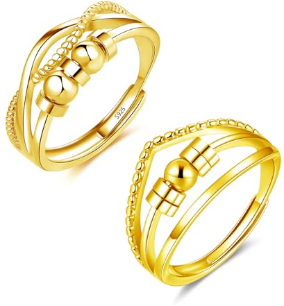 Glintara Ångestring, silver 925, 2 st 925 sterlingsilver antistress-ringset, öppen justerbar fidgetring, partnerringar, par ringar mot ångest, stämningsring med pärlor för kvinnor unisex, Silver