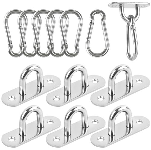 ENUTROF Plaque Oeillet Acier Inoxydable Pontet Crochet INOX Plaque à Oeil Anneau de Fixation 6pcs avec Crochet Mousqueton INOX pour Pont/Mur/Bateau/Auvents/Plaques De Recouvrement/Objets (L-U)