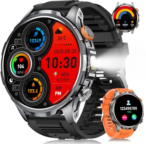 Reloj Inteligente Hombre Militar con 1000mAH/LED Linterna, 1.91”AMOLED Smartwatch con Llamadas, 5 ATM Impermeable/110+ Modos Deportivos/SpO2/Pulsómetro/Sueño, Pulsera Actividad para Android iOS Negro