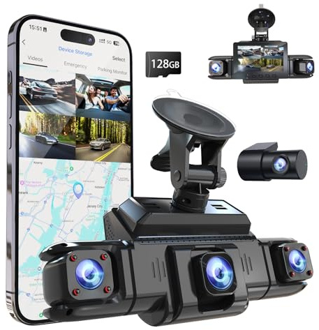 Telecamera anteriore e posteriore a 4 canali, a 360 gradi, sinistra e destra, telecamera interna per auto, GPS e Wi-Fi 5G, visione notturna, WDR, modalità parcheggio 24 ore, scheda da 128 GB inclusa